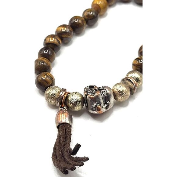 Bohemian Tiger's Eye Silver Buddha Leather Tassel Bracelet 7in - Picture 1 of 4